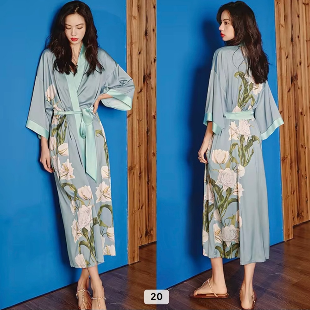 Floral Print Kimono Robe - Blue